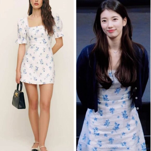 BEST Reformation Evianna Linen Mini Dress Sz2 Delicacy Blue Ivory Floral Causal - Picture 1 of 15